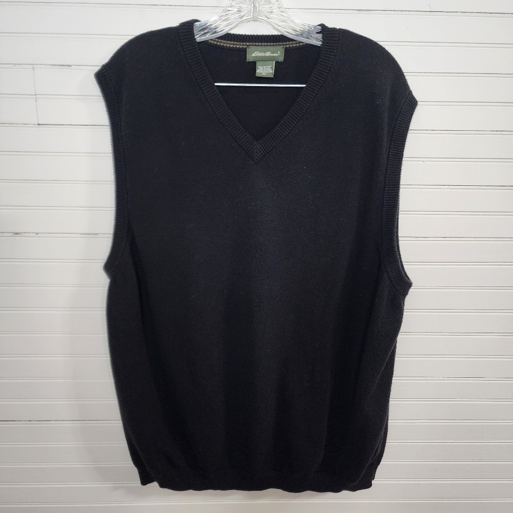 Eddie Bauer Men’s XL Black Knit Sweater Vest V-Neck Classic Layering Piece